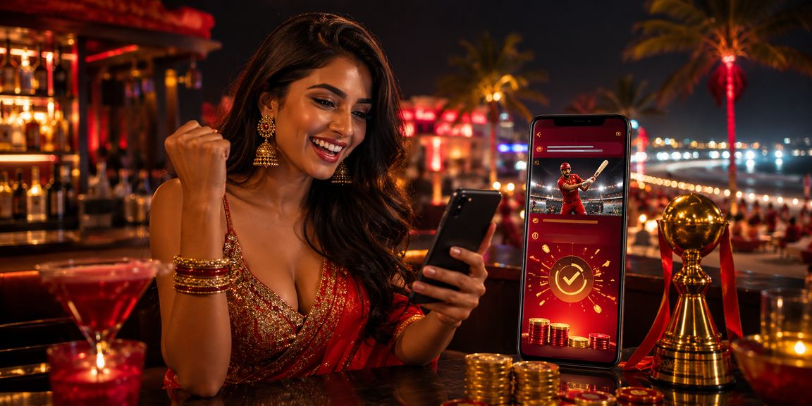 Cricket betting in Goa with festive red and gold colors